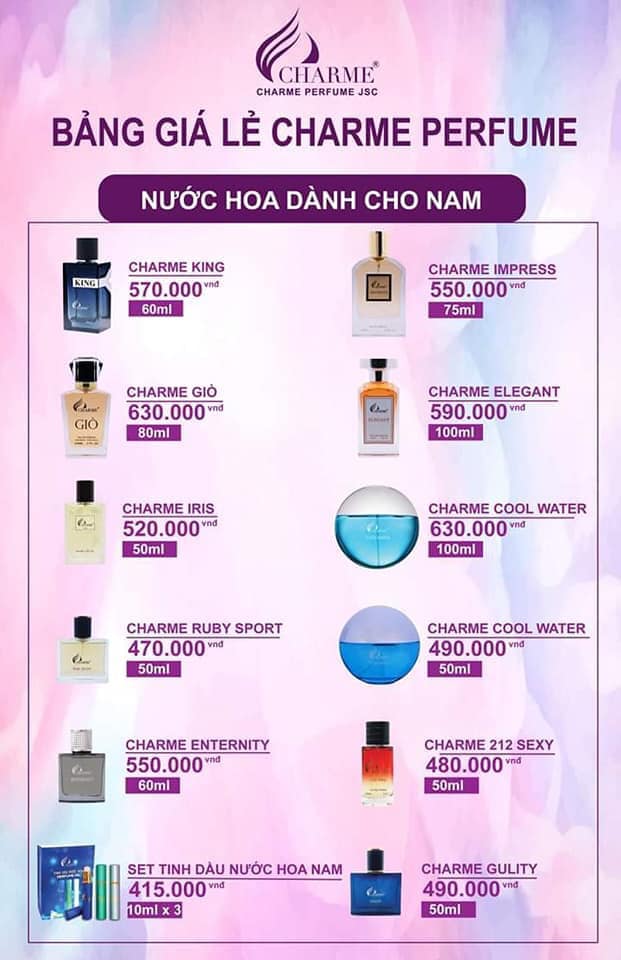 Bảng giá bán lẻ nước hoa Charme nam